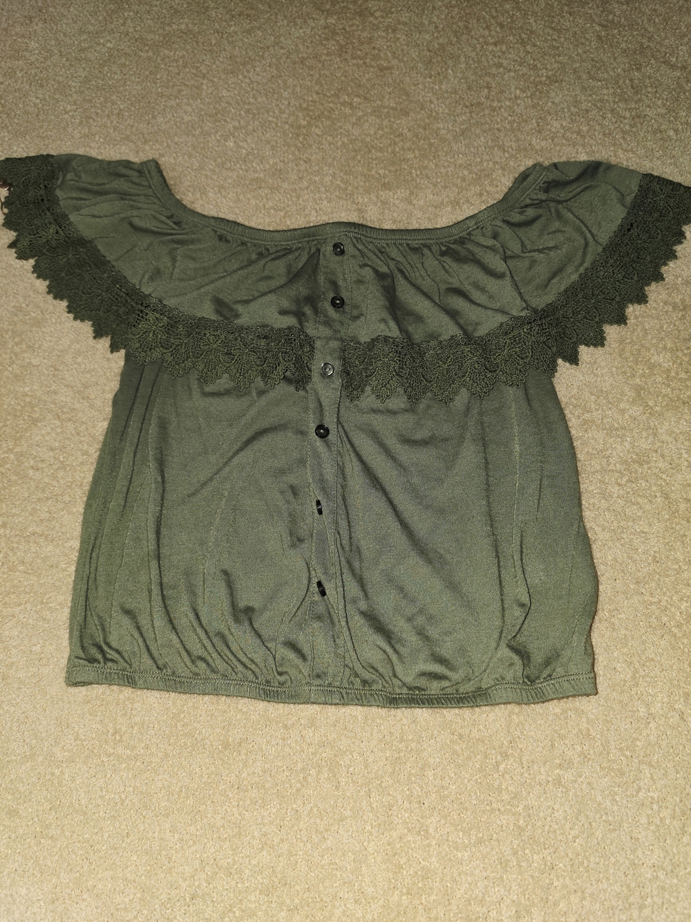 No Boundaries Olive Green Off-Shoulder Crop Top with Lace Trim